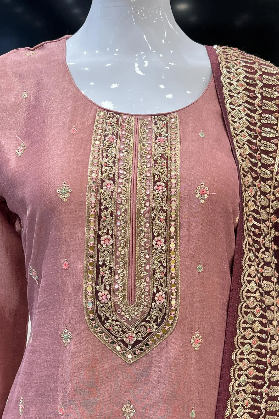 Dark Onion Mirror, Sequins, Zari and Zardozi work Straight Cut Salwar Suit