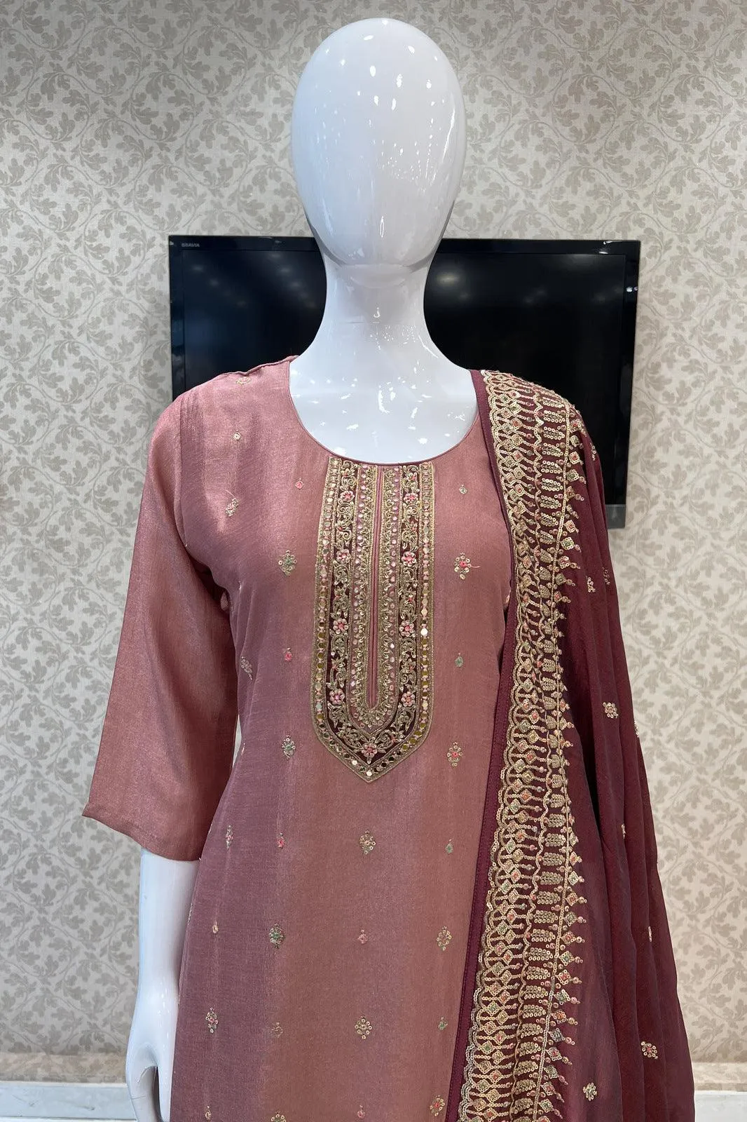Dark Onion Mirror, Sequins, Zari and Zardozi work Straight Cut Salwar Suit