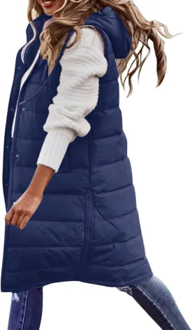 DDAPJ pyju Women's Long Puffer Vest Jacket Sleeveless Hoodies Zipper Side Quilted Coats Lightweight Padded Winter Down Coat
