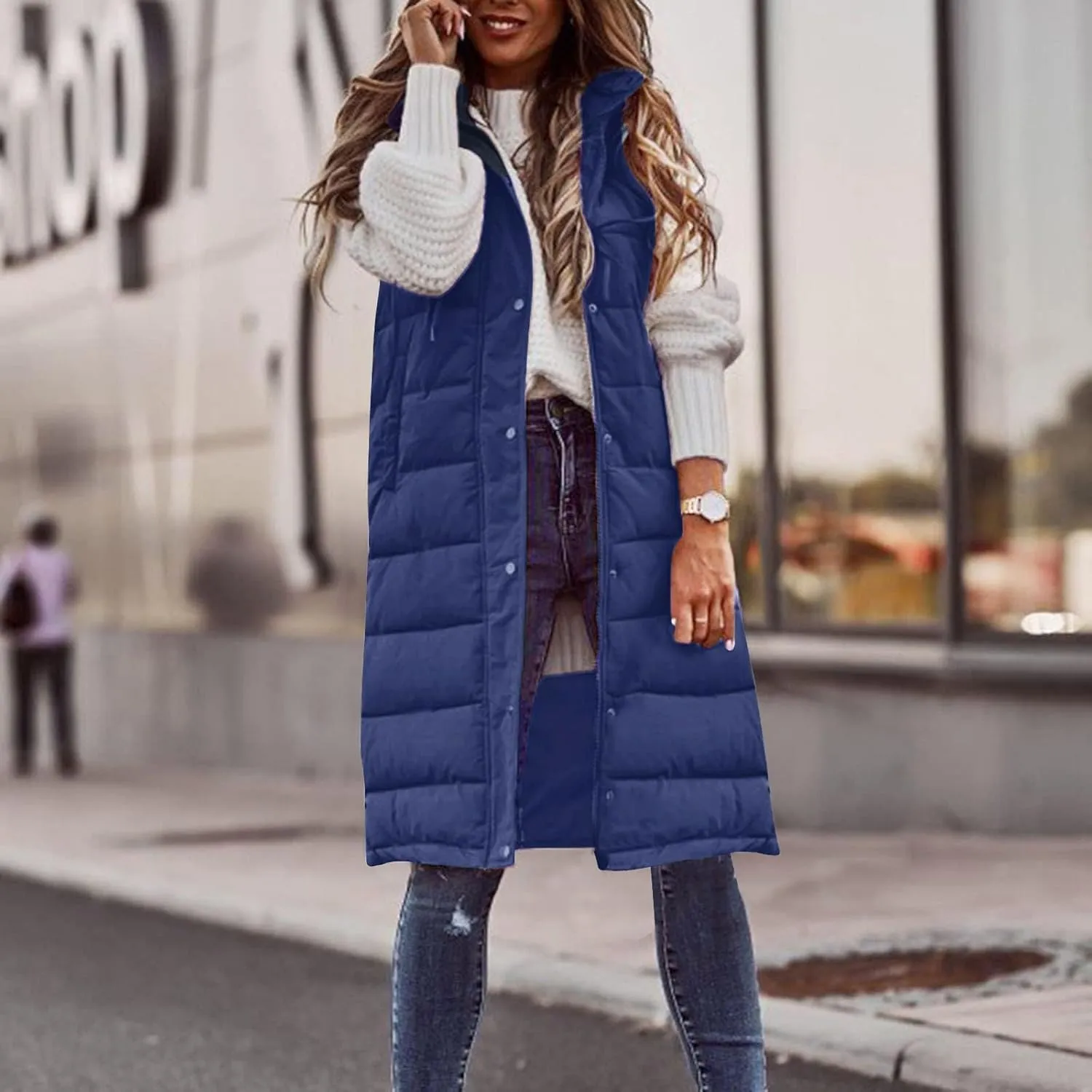 DDAPJ pyju Women's Long Puffer Vest Jacket Sleeveless Hoodies Zipper Side Quilted Coats Lightweight Padded Winter Down Coat