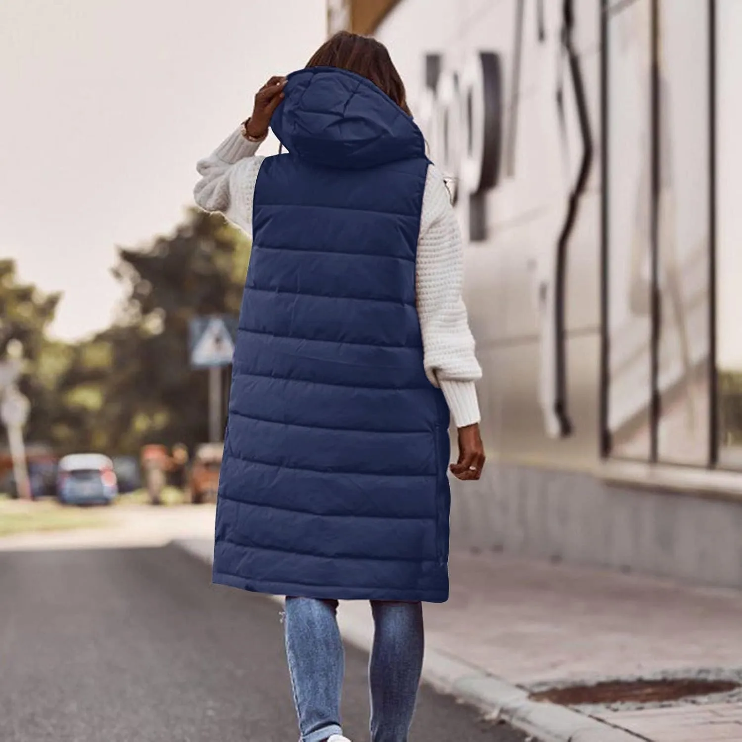 DDAPJ pyju Women's Long Puffer Vest Jacket Sleeveless Hoodies Zipper Side Quilted Coats Lightweight Padded Winter Down Coat