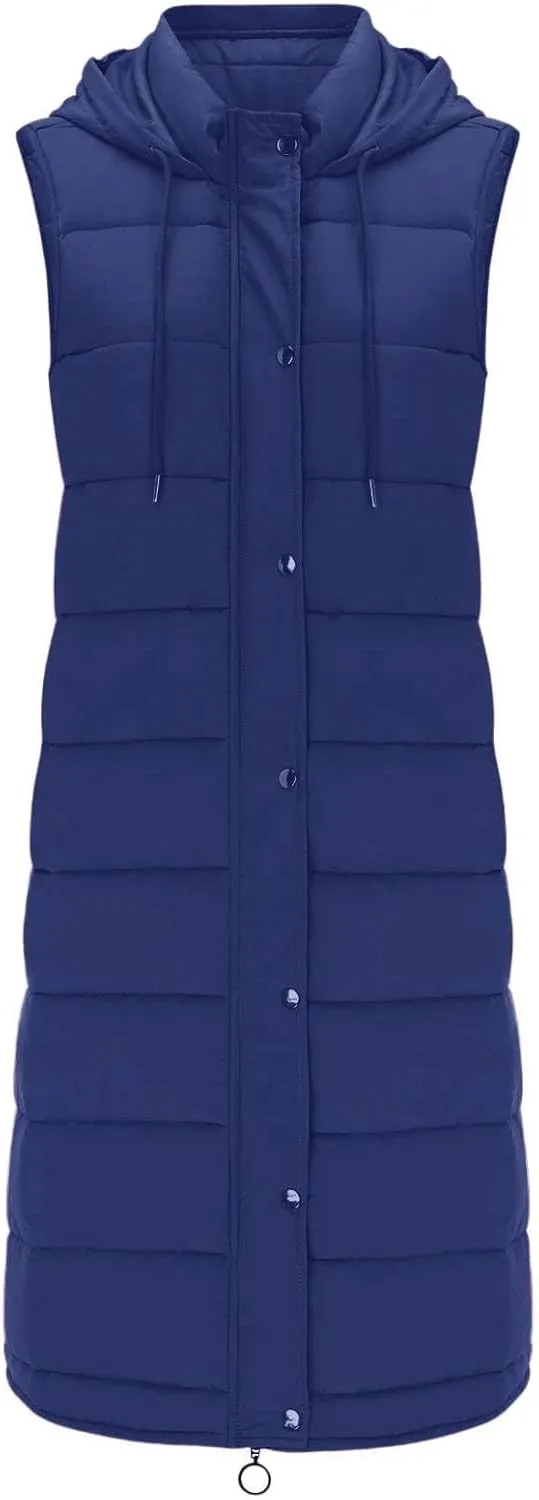 DDAPJ pyju Women's Long Puffer Vest Jacket Sleeveless Hoodies Zipper Side Quilted Coats Lightweight Padded Winter Down Coat
