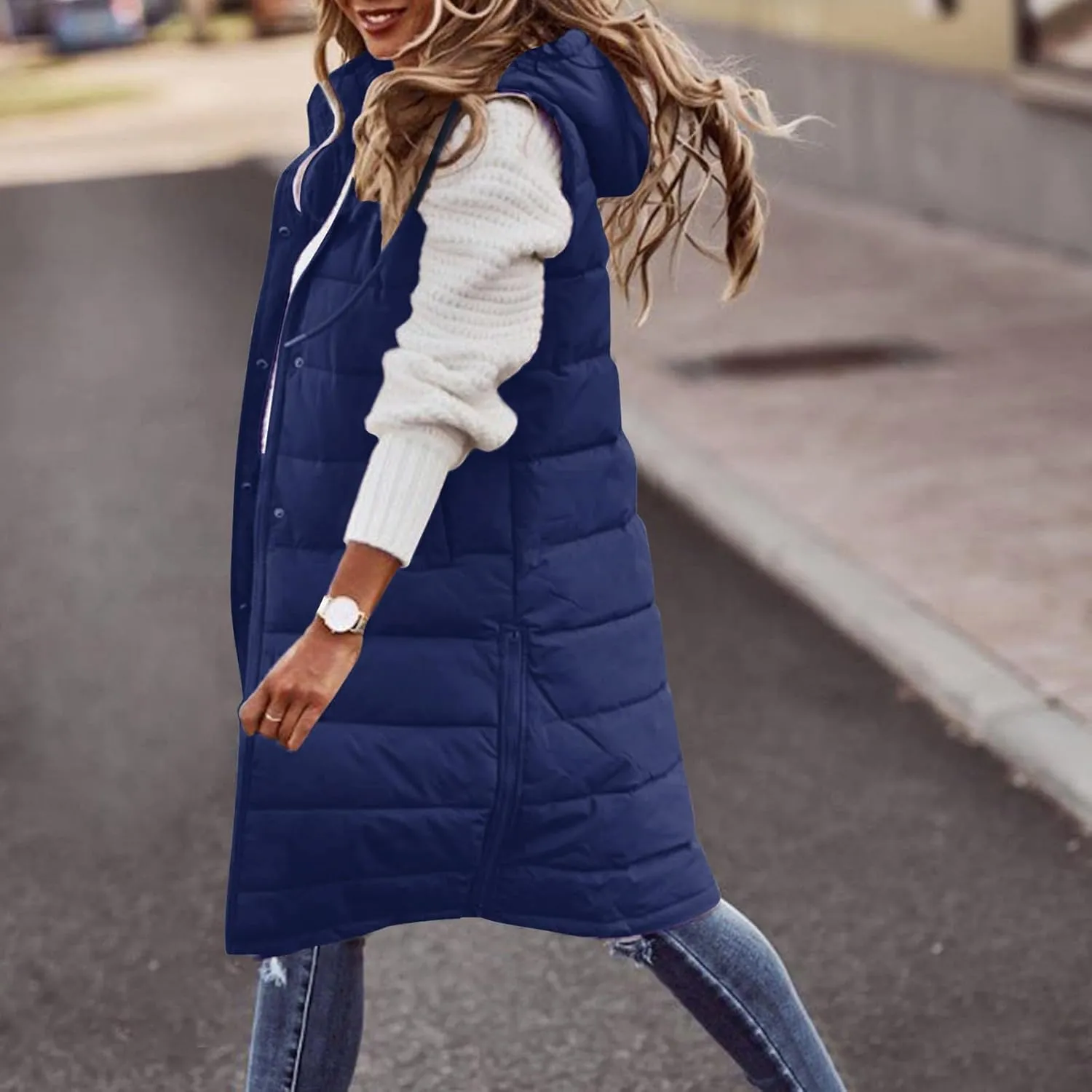 DDAPJ pyju Women's Long Puffer Vest Jacket Sleeveless Hoodies Zipper Side Quilted Coats Lightweight Padded Winter Down Coat