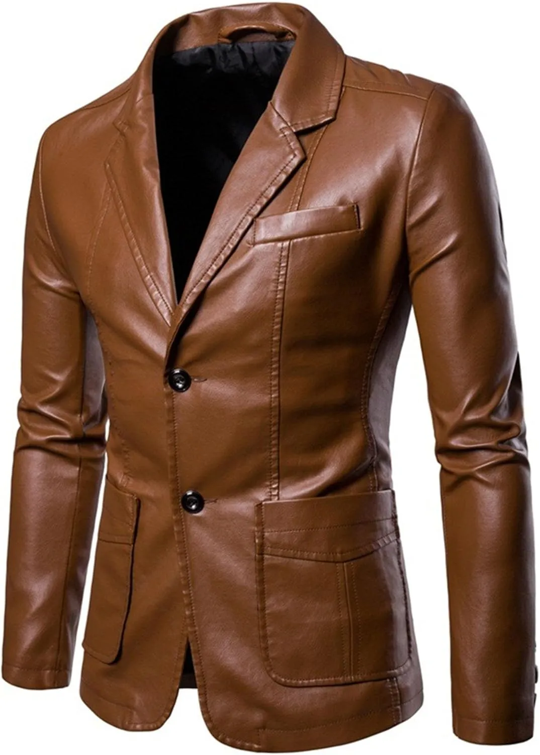 DGHM-JLMY Men's Suit Collar Fashion Pu Leather Jacket Casual 2 Button Slim Faux Leather Blazer Business Leather Sport Coat