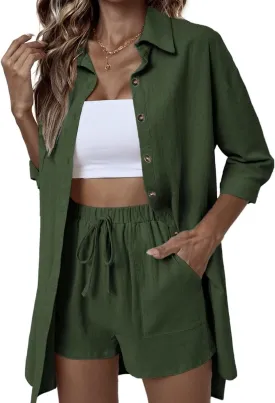 ELESOL Womens Cotton Linen Sets 2 Piece Tracksuit Button Down 3/4 Sleeve Shirt and Shorts Set Summer Beach Outfits Sets