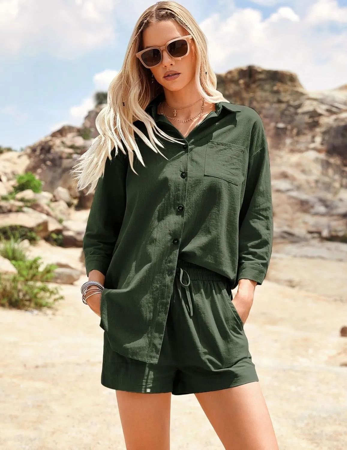 ELESOL Womens Cotton Linen Sets 2 Piece Tracksuit Button Down 3/4 Sleeve Shirt and Shorts Set Summer Beach Outfits Sets