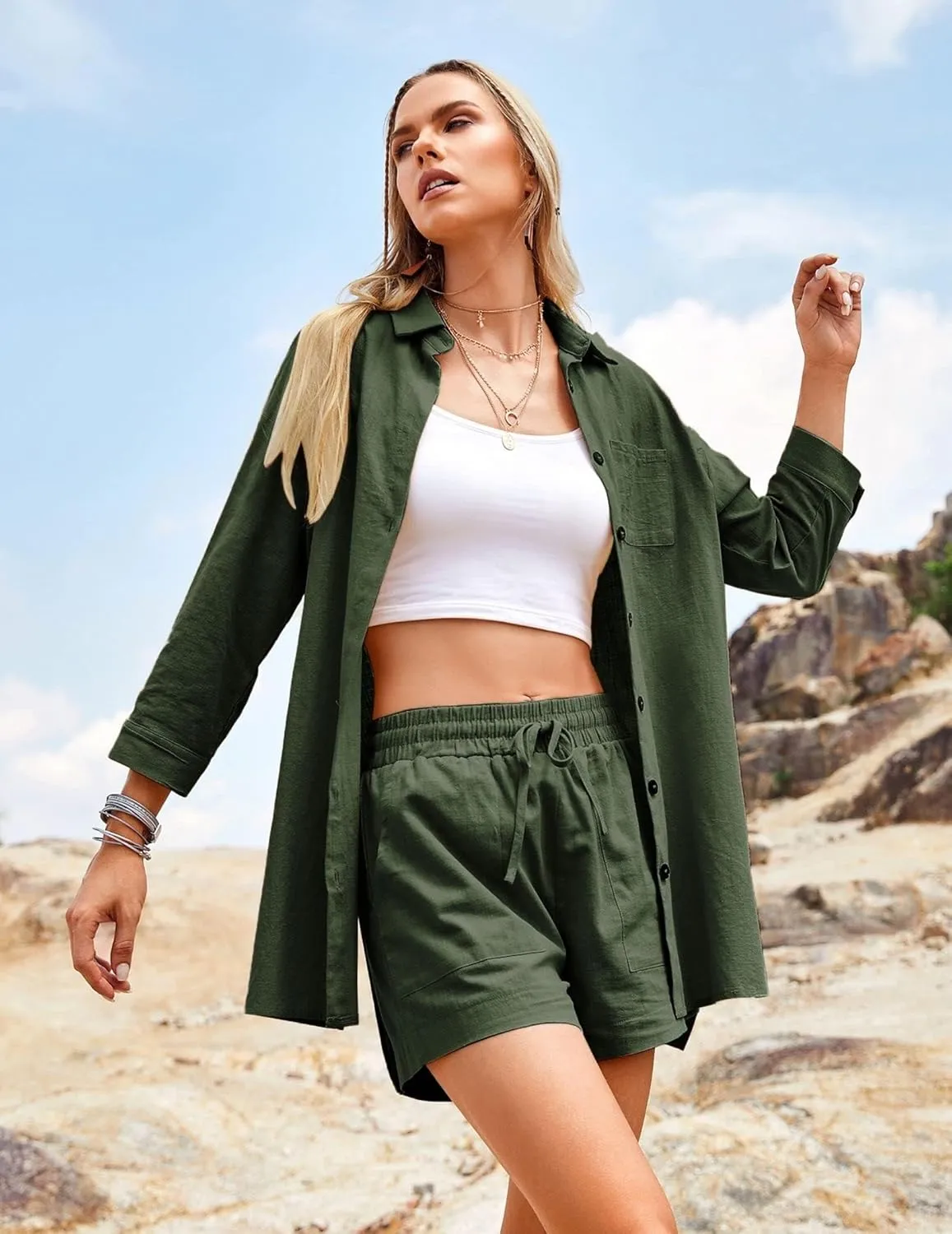 ELESOL Womens Cotton Linen Sets 2 Piece Tracksuit Button Down 3/4 Sleeve Shirt and Shorts Set Summer Beach Outfits Sets