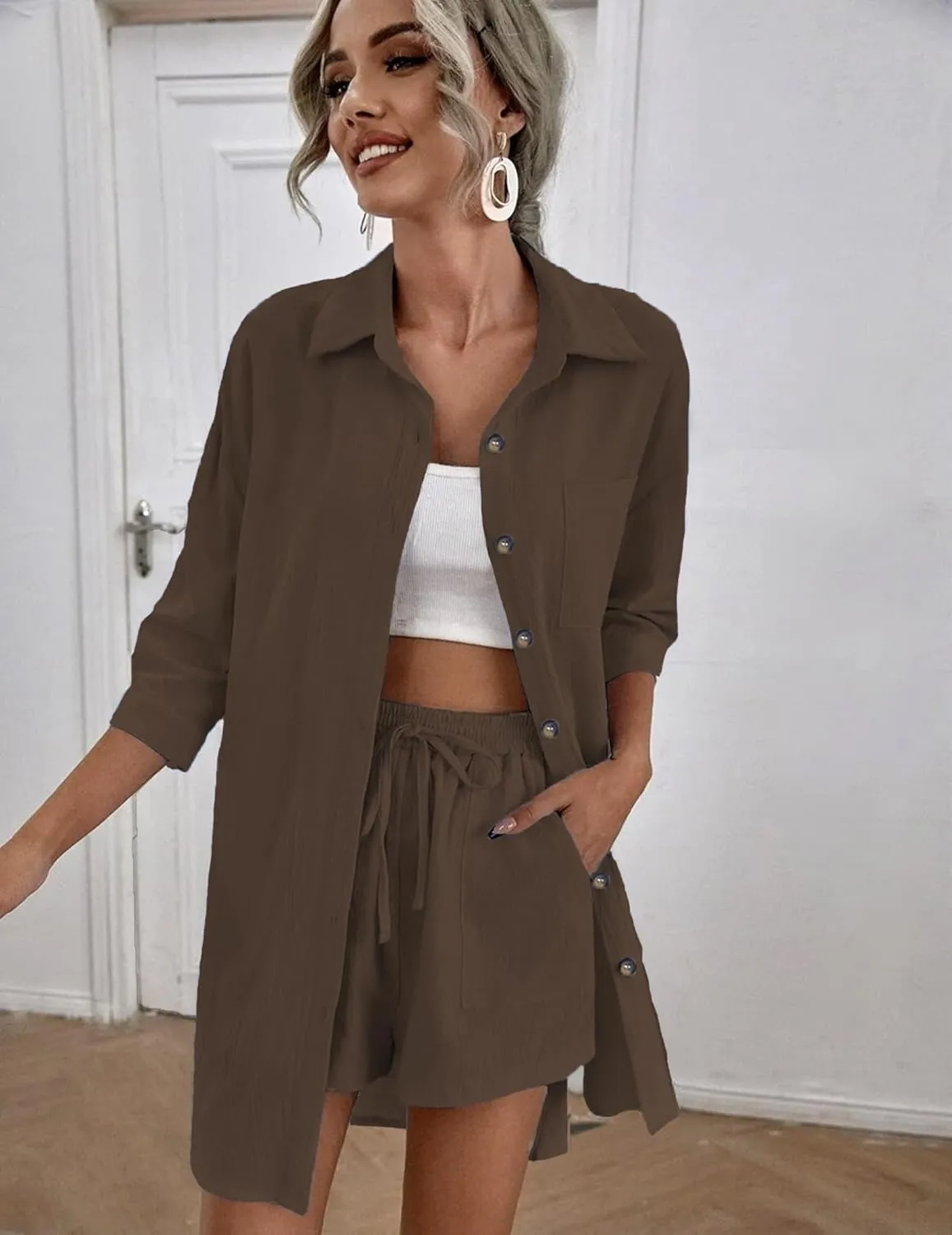 ELESOL Womens Cotton Linen Sets 2 Piece Tracksuit Button Down 3/4 Sleeve Shirt and Shorts Set Summer Beach Outfits Sets