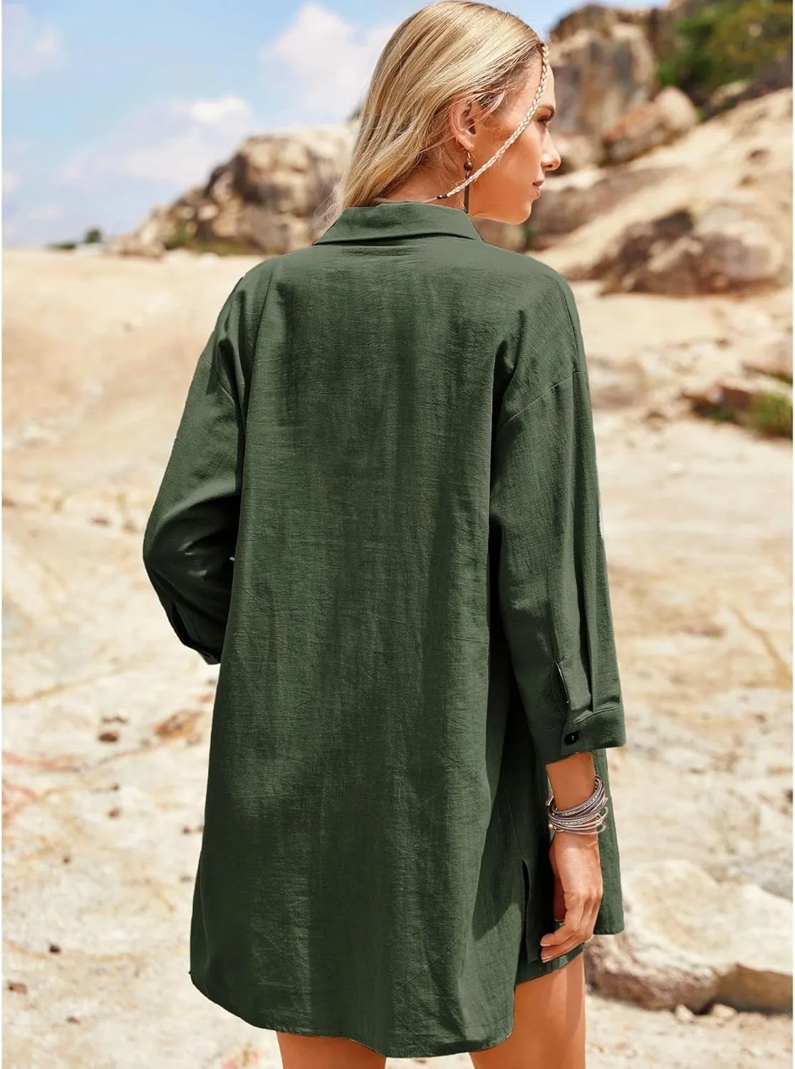 ELESOL Womens Cotton Linen Sets 2 Piece Tracksuit Button Down 3/4 Sleeve Shirt and Shorts Set Summer Beach Outfits Sets