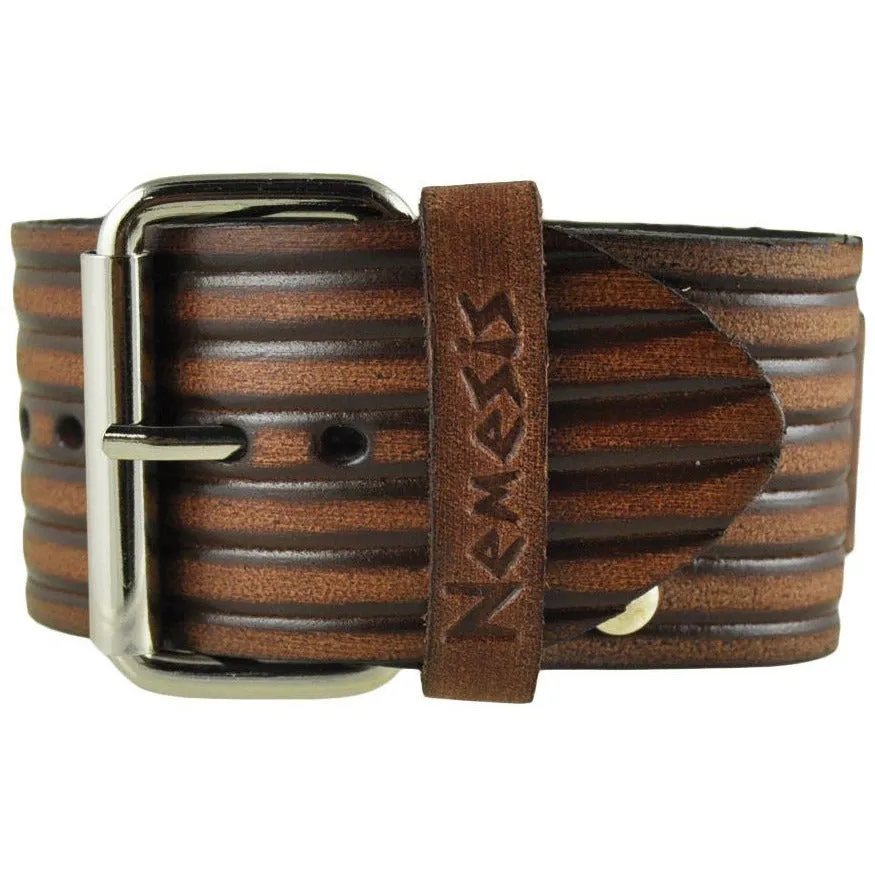 Embossed Stripes Distressed Brown Leather Ladies Cuff