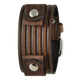 Embossed Stripes Distressed Brown Leather Ladies Cuff