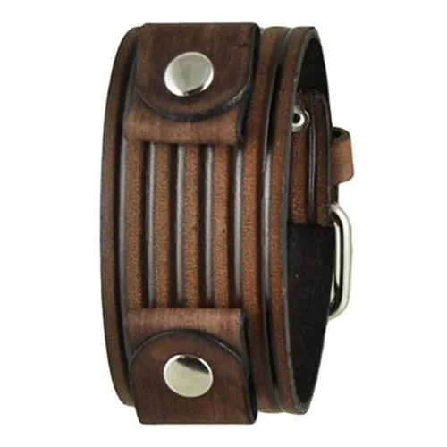 Embossed Stripes Distressed Brown Leather Ladies Cuff