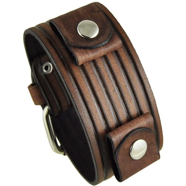 Embossed Stripes Distressed Brown Leather Ladies Cuff