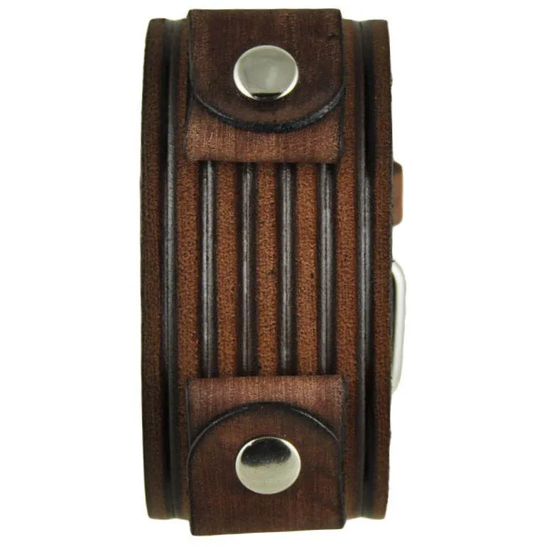 Embossed Stripes Distressed Brown Leather Ladies Cuff