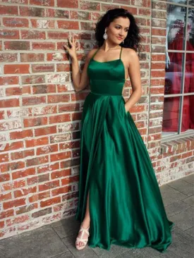 Emerald Green Long Side Slit Prom Dresses