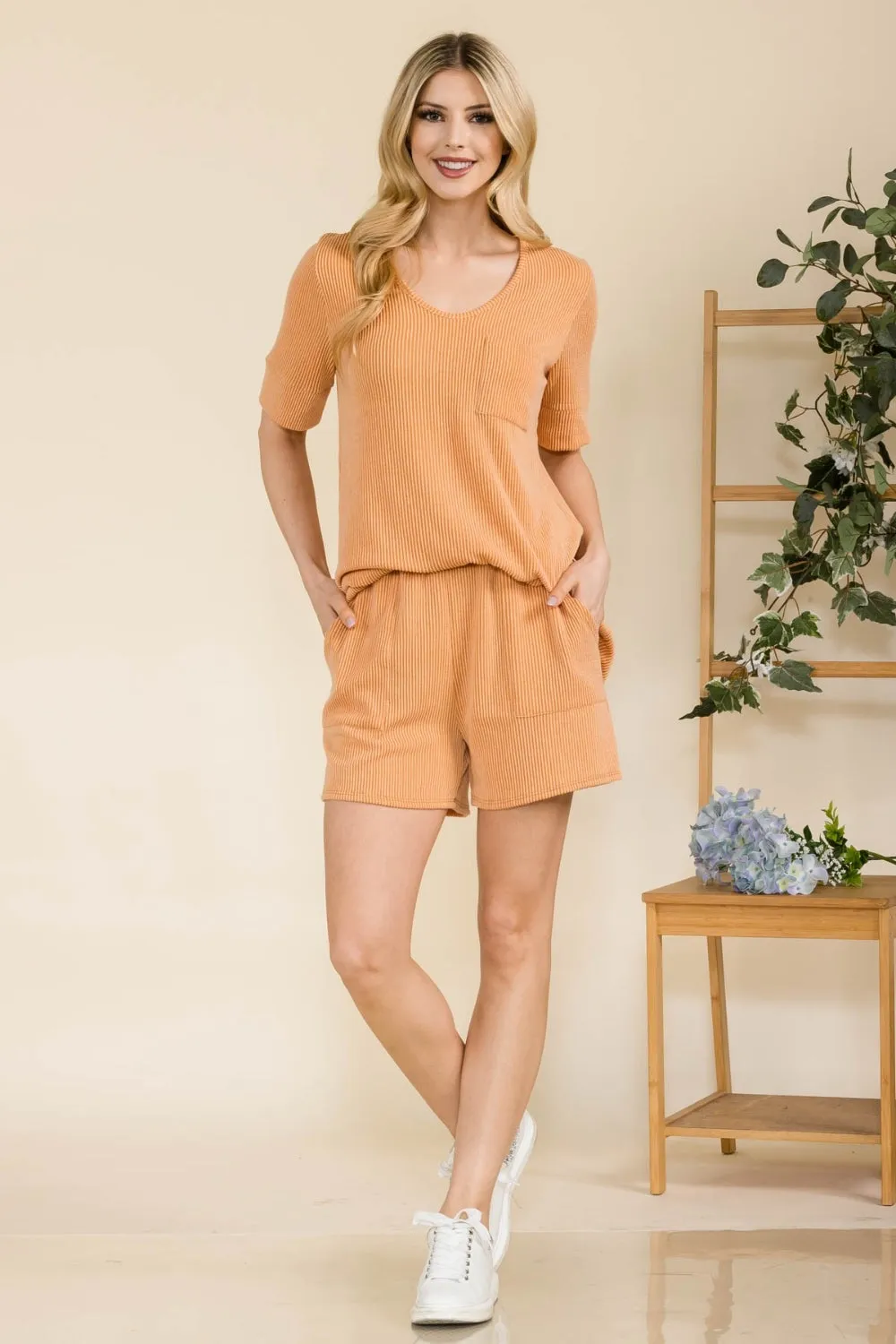 Explore More Collection - Celeste Full Size Rib Short Sleeve T-Shirt and Shorts Set