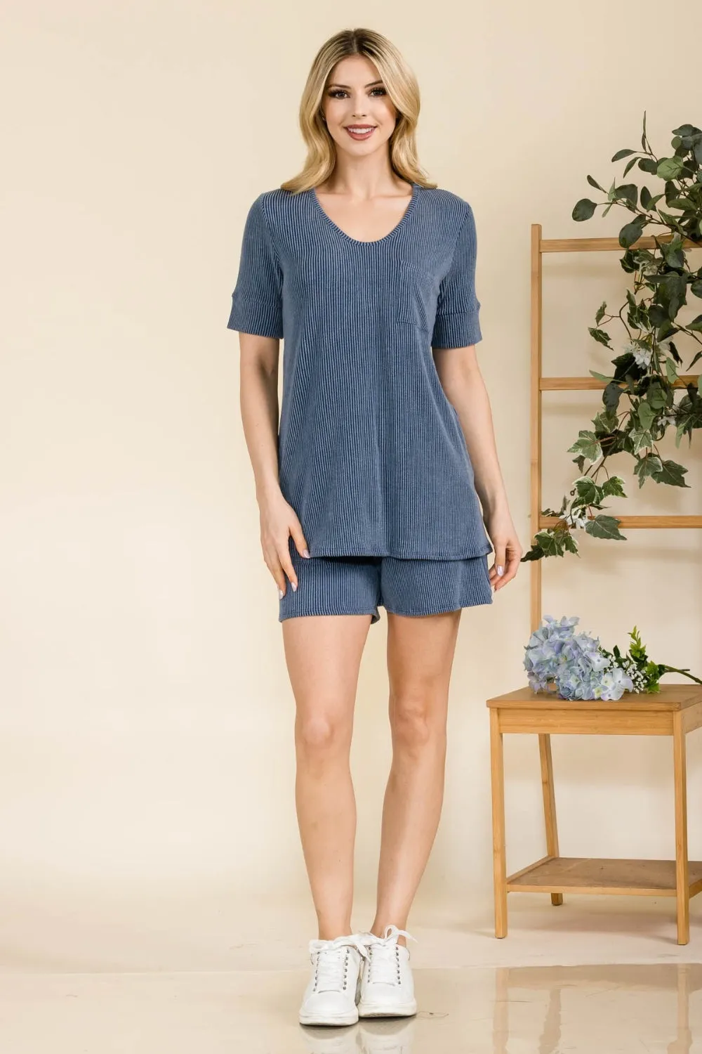 Explore More Collection - Celeste Full Size Rib Short Sleeve T-Shirt and Shorts Set