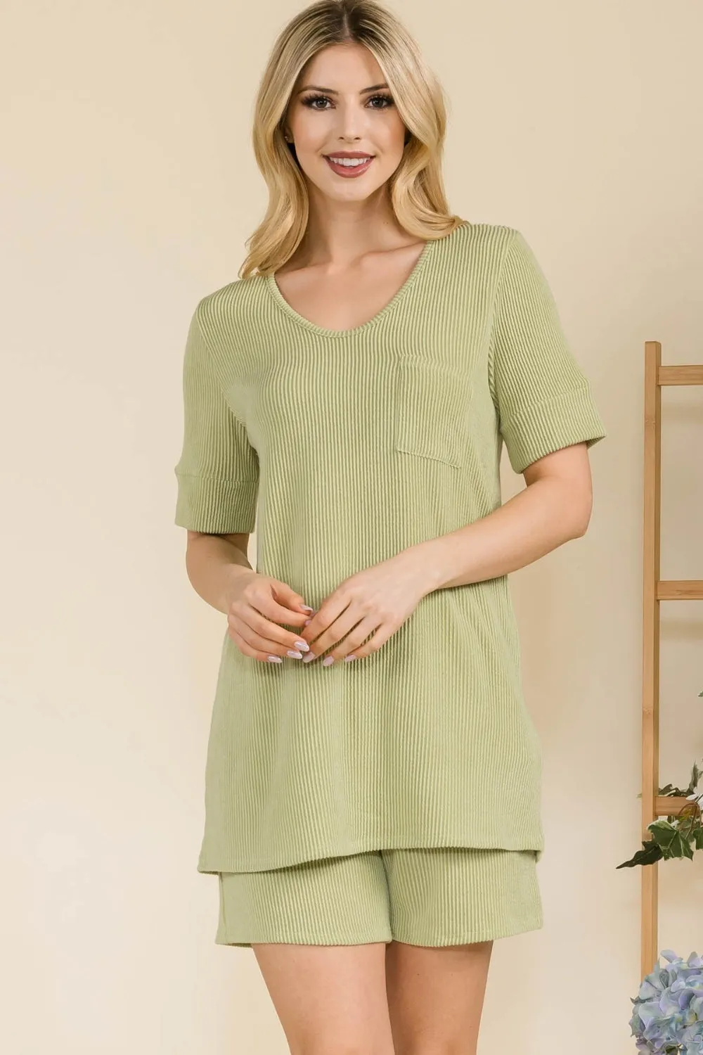 Explore More Collection - Celeste Full Size Rib Short Sleeve T-Shirt and Shorts Set