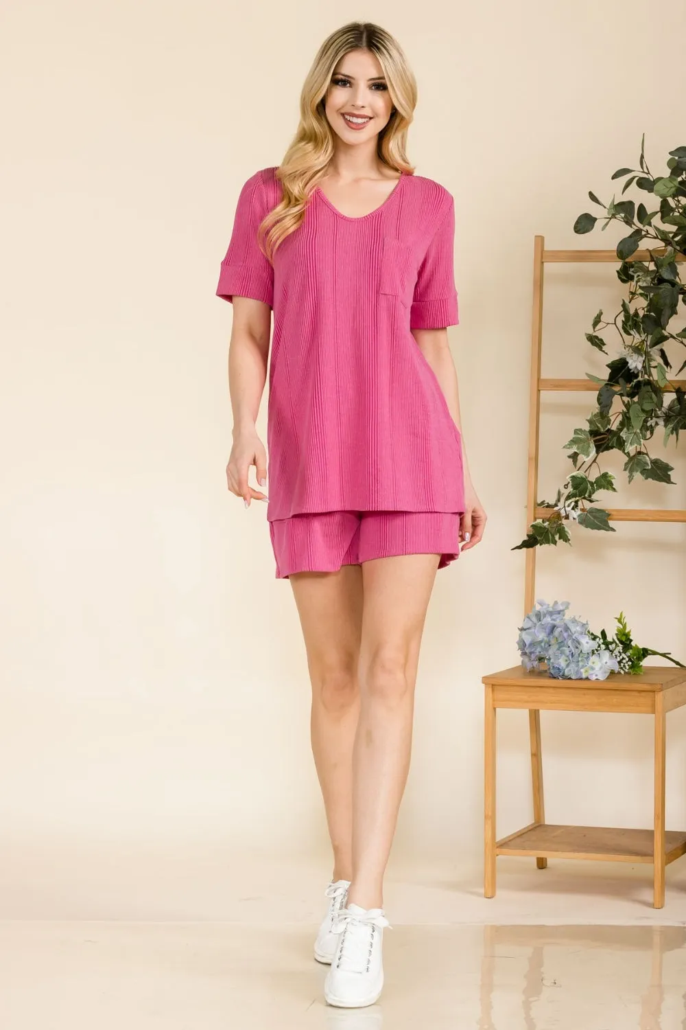 Explore More Collection - Celeste Full Size Rib Short Sleeve T-Shirt and Shorts Set
