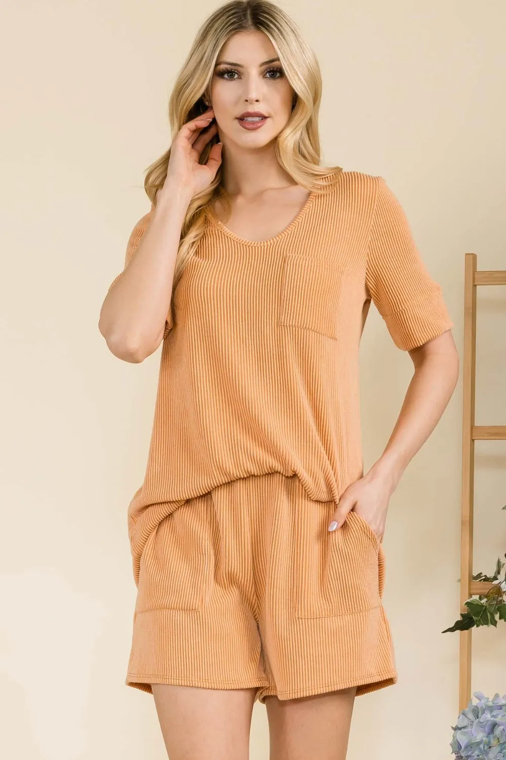 Explore More Collection - Celeste Full Size Rib Short Sleeve T-Shirt and Shorts Set