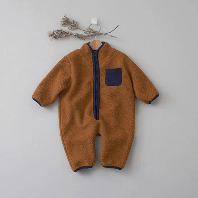 Fluffy Fleece Jumpsuit with Patchwork Pocket