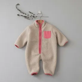 Fluffy Fleece Jumpsuit with Patchwork Pocket