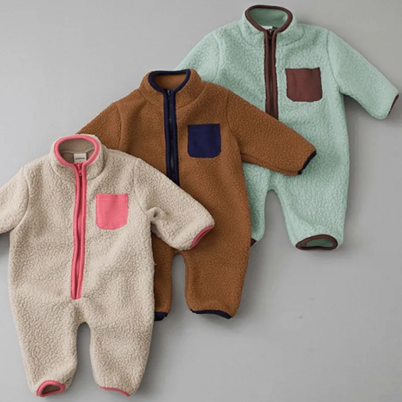 Fluffy Fleece Jumpsuit with Patchwork Pocket