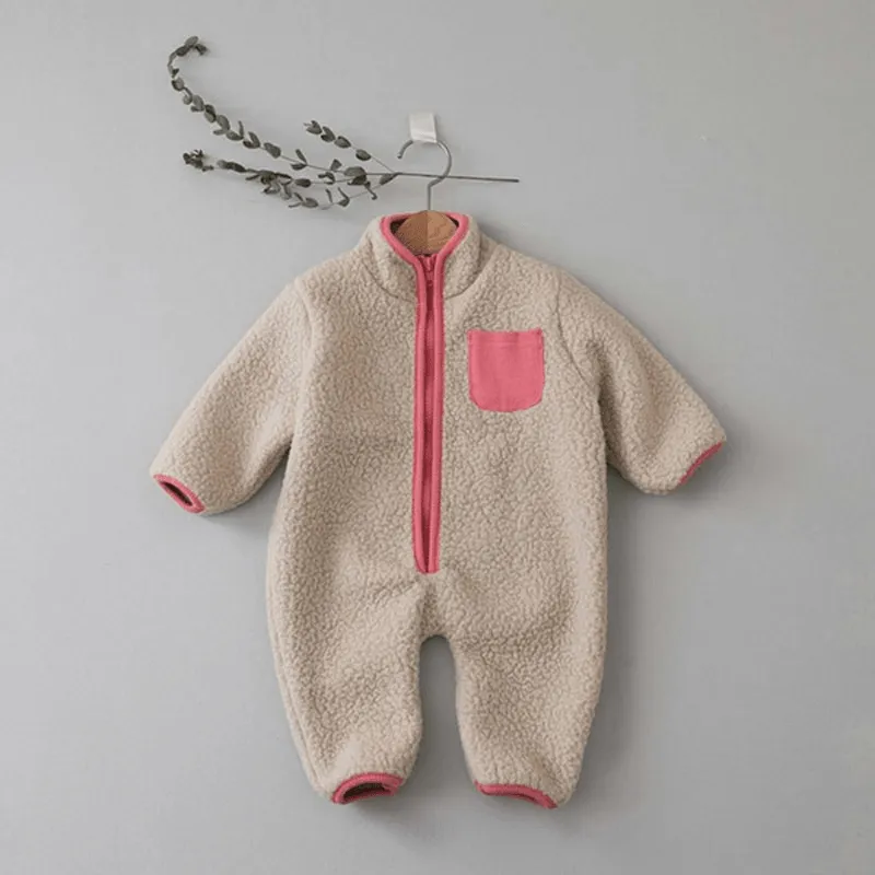 Fluffy Fleece Jumpsuit with Patchwork Pocket