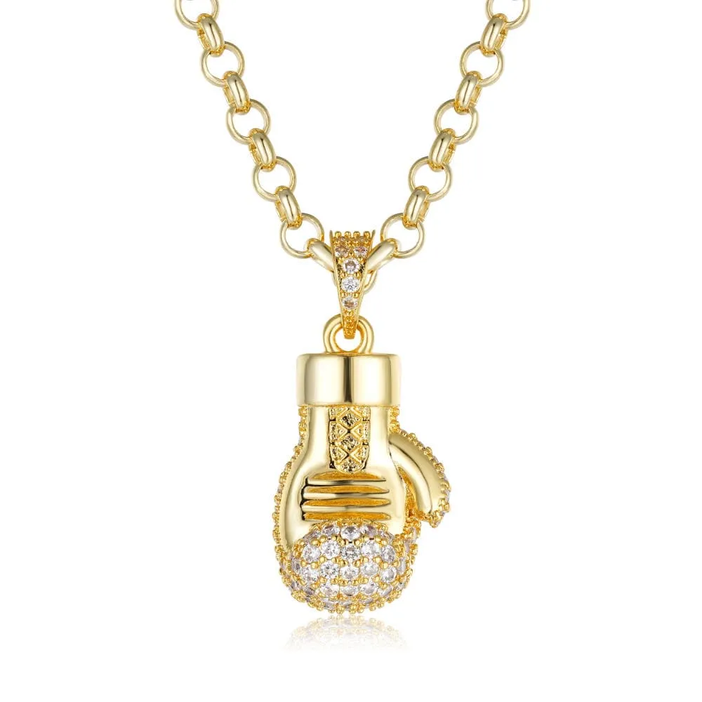 Gold Filled Bonded Boxing Glove Pendant With Stones 22 Inch 4mm Belcher Chain