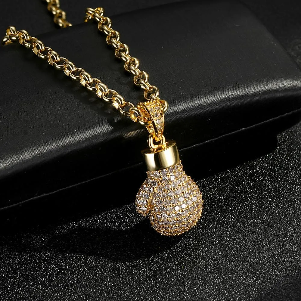Gold Filled Bonded Boxing Glove Pendant With Stones 22 Inch 4mm Belcher Chain