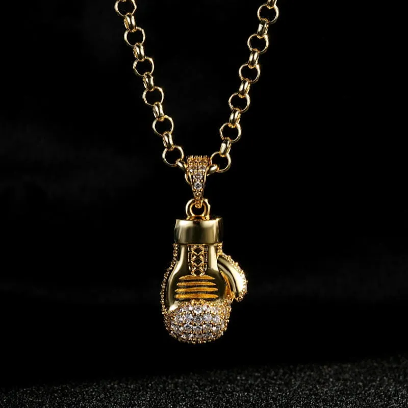 Gold Filled Bonded Boxing Glove Pendant With Stones 22 Inch 4mm Belcher Chain
