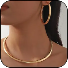 Gold Jewelry Set for Women - Choker, Hoop Earrings, Cuff Bracelet, Statement Necklace & Bracelet Set - Gift