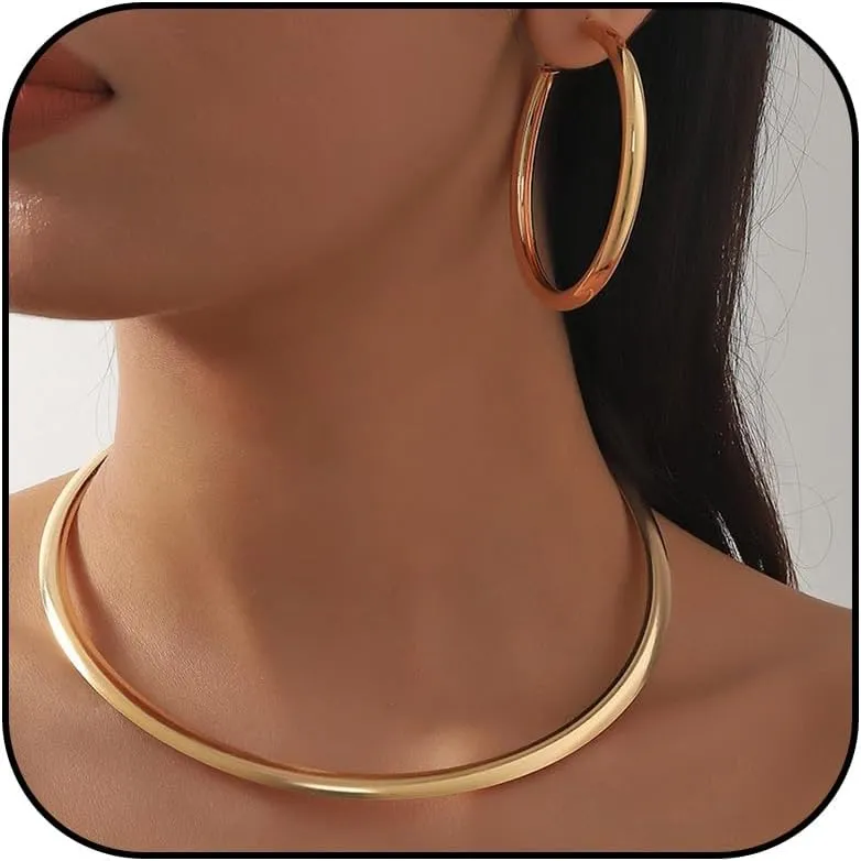 Gold Jewelry Set for Women - Choker, Hoop Earrings, Cuff Bracelet, Statement Necklace & Bracelet Set - Gift