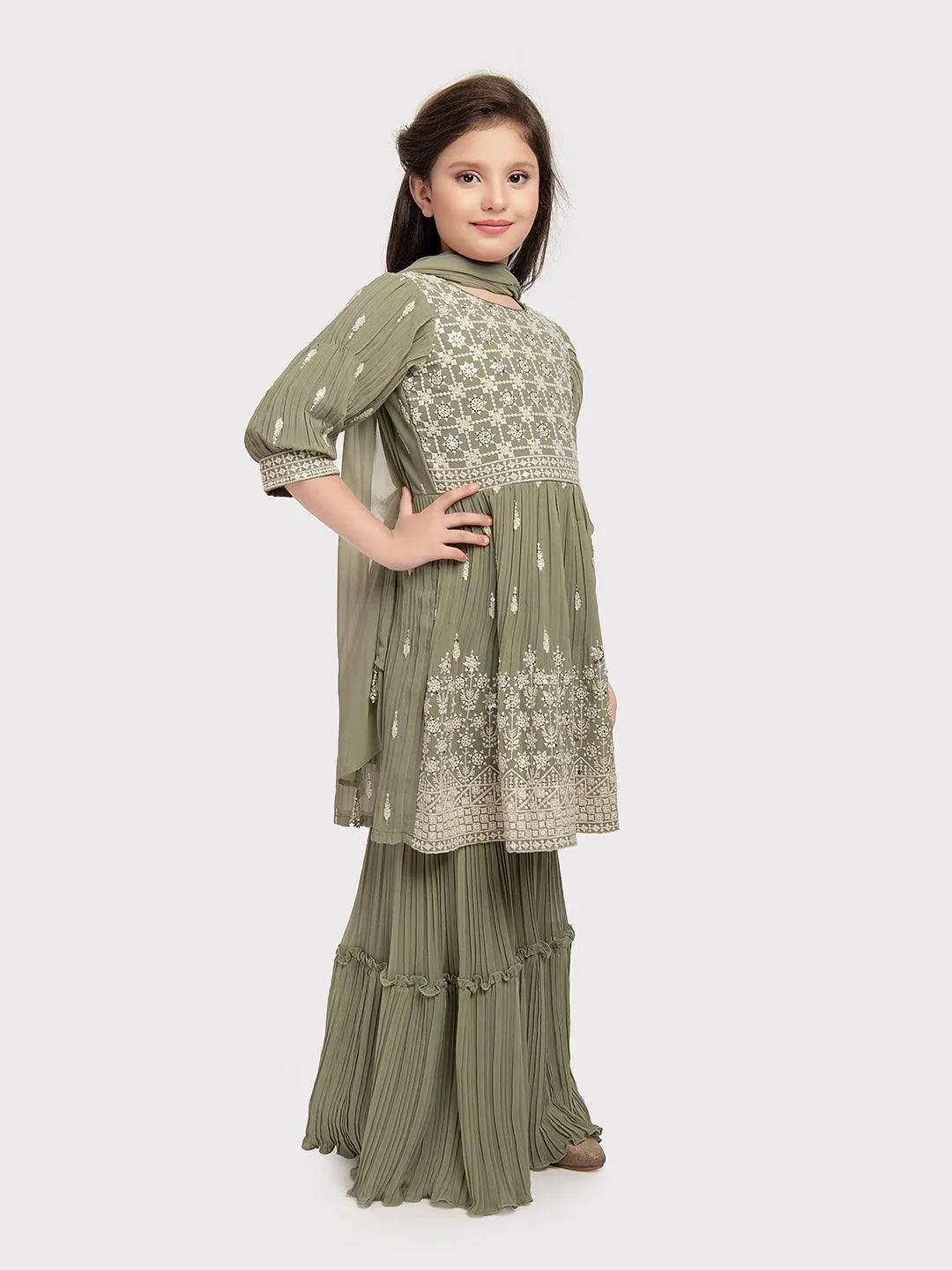 Green Embroidered Peplum Style Sharara and Dupatta Set \ Sharara And Gharara Set For Girls