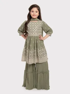 Green Embroidered Peplum Style Sharara and Dupatta Set \ Sharara And Gharara Set For Girls