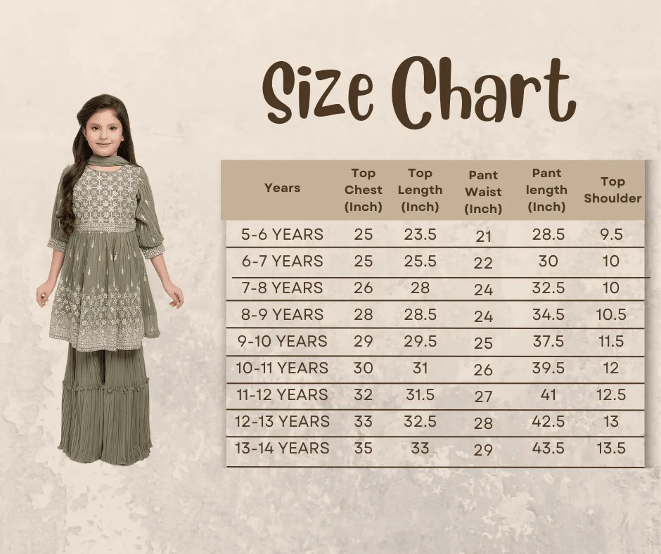 Green Embroidered Peplum Style Sharara and Dupatta Set \ Sharara And Gharara Set For Girls
