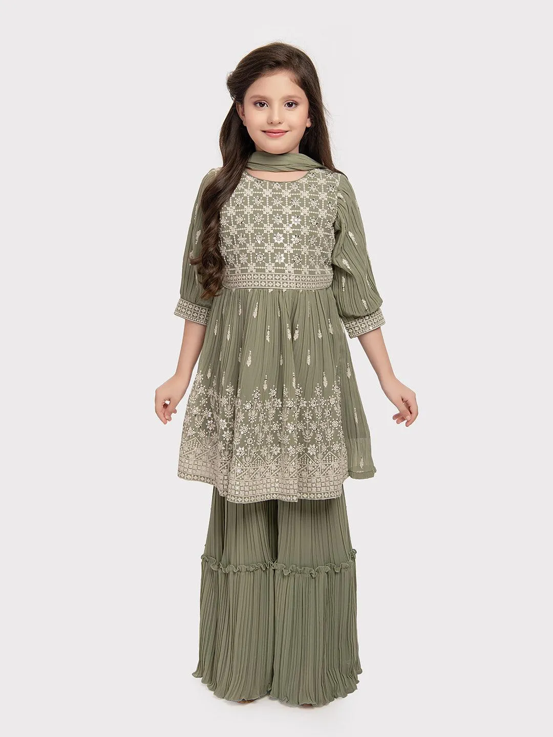 Green Embroidered Peplum Style Sharara and Dupatta Set \ Sharara And Gharara Set For Girls