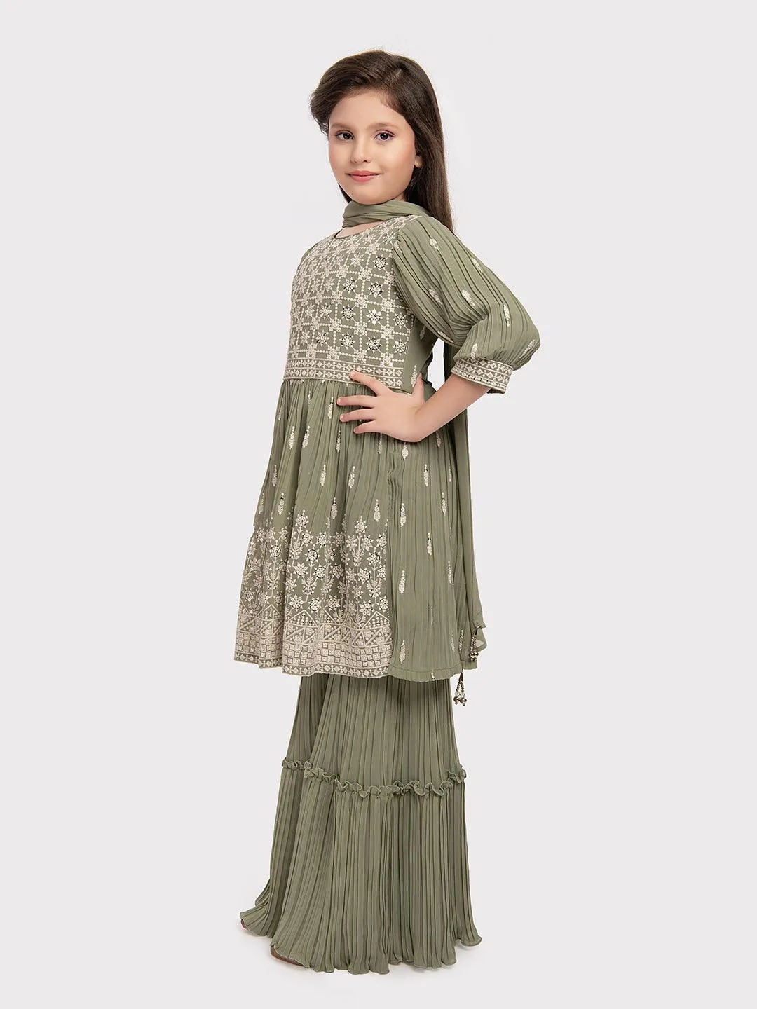 Green Embroidered Peplum Style Sharara and Dupatta Set \ Sharara And Gharara Set For Girls