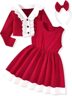 HINTINA Toddler Little Girls Dress And Cardigan Sets 2 Piece Floral Print Sleeveless Dress and Long Sleeve Cardigan Set