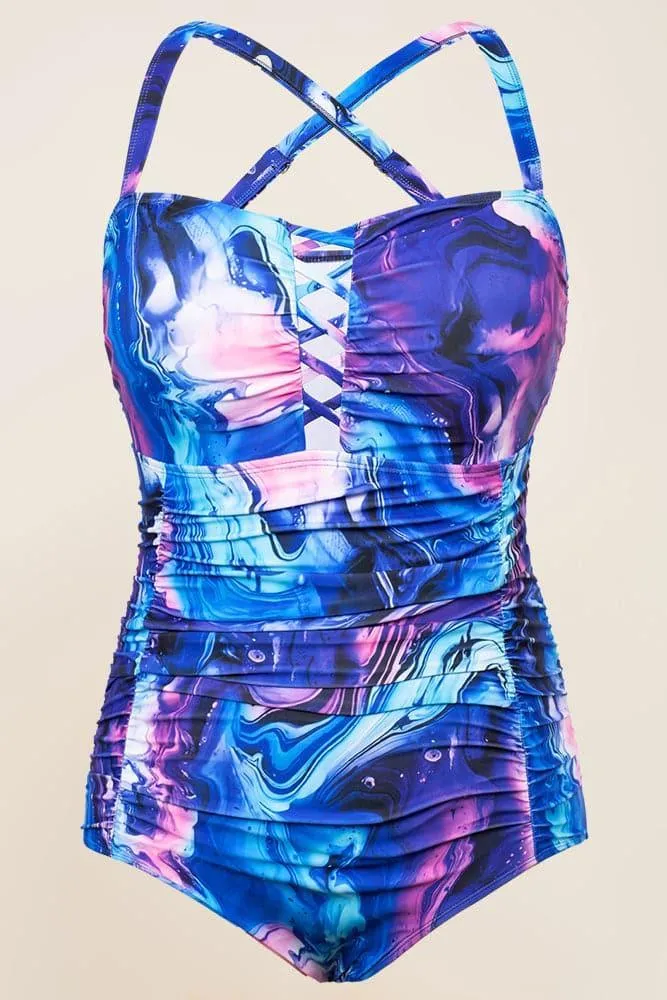 HN Purple Waves  Plus Size Hollowed-out Bathing Suit Cross Back Ruched Swimwear