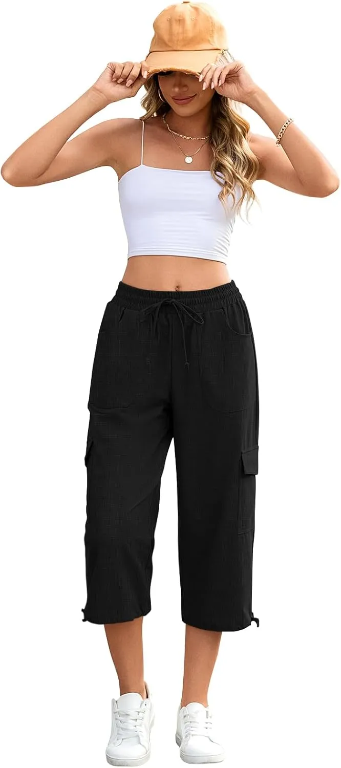 HOTGIFT Women Capris Cargo Pants 2025 Summer Hiking Pants Casual Lightweight Outdoor Quick Dry with 6 Pockets