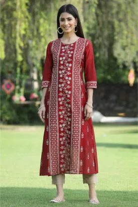 Juniper Maroon Ethnic Motif Printed Modal Chanderi Kurta With Buttons.