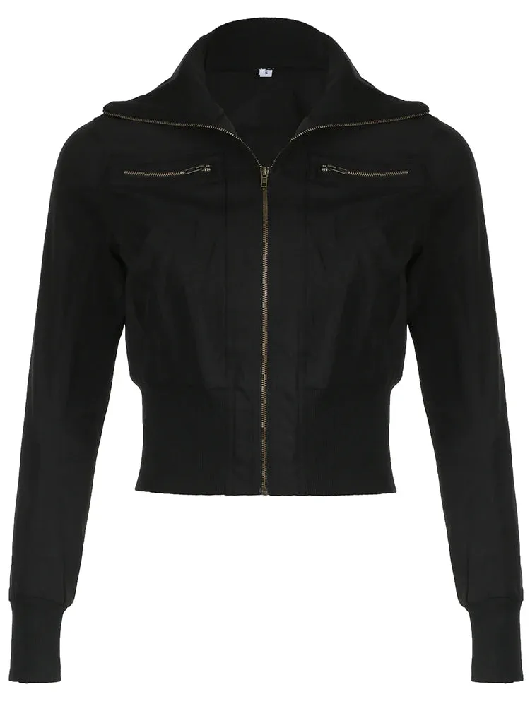 Korean Street Style Black Zip Up Turtleneck Slim Long Sleeve Bomber Jackets For Women Autumn New Fashion Gothic Outwears