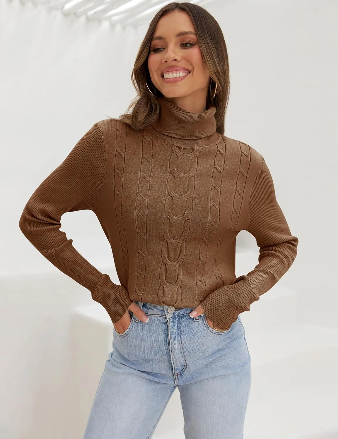 LEANI Womens 2025 Turtleneck Sweaters Cable Knit Long Sleeve Pullover Sweater Jumper