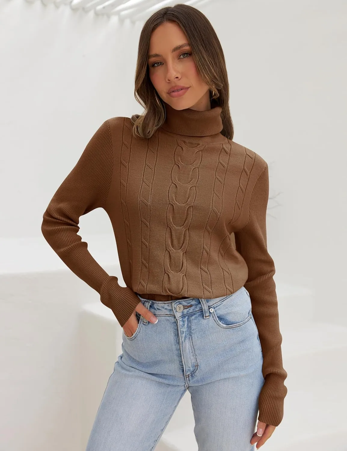 LEANI Womens 2025 Turtleneck Sweaters Cable Knit Long Sleeve Pullover Sweater Jumper