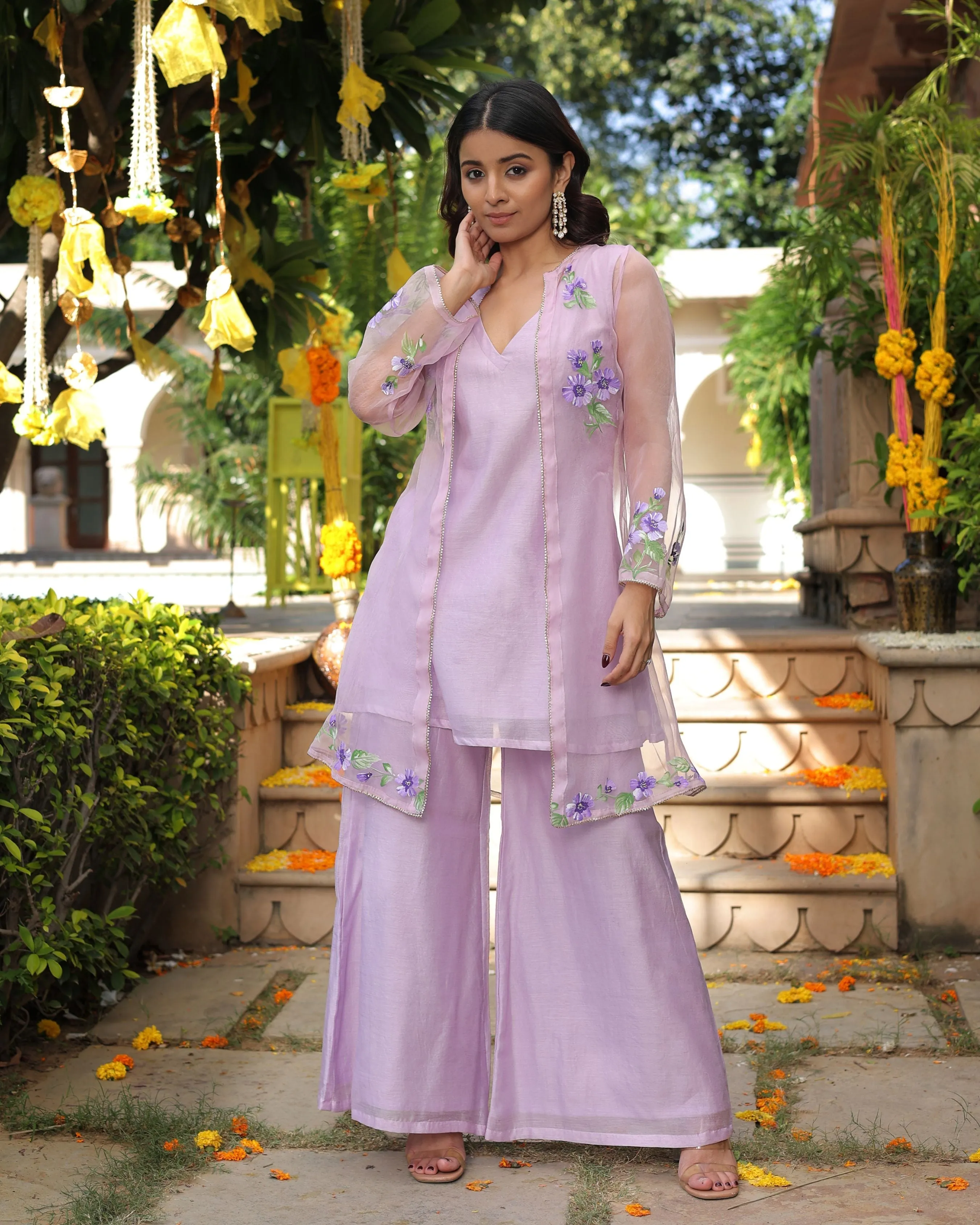 Lilac Daisy Delight Handpainted Chanderi Coord Set