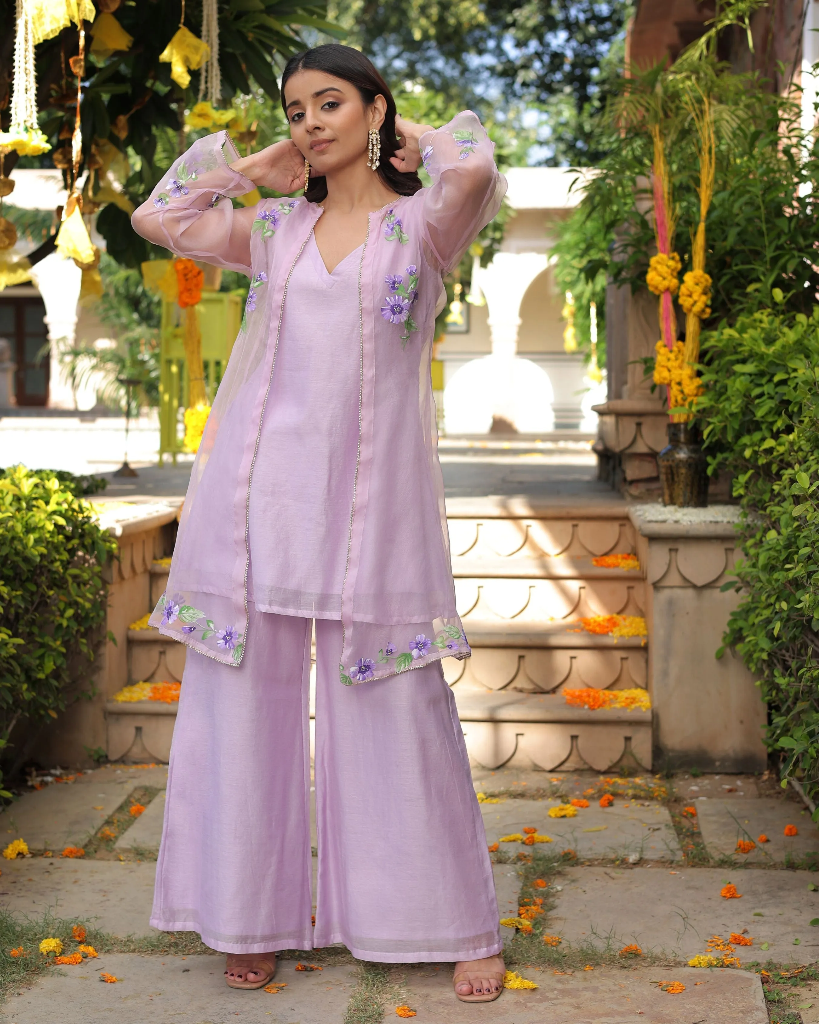 Lilac Daisy Delight Handpainted Chanderi Coord Set