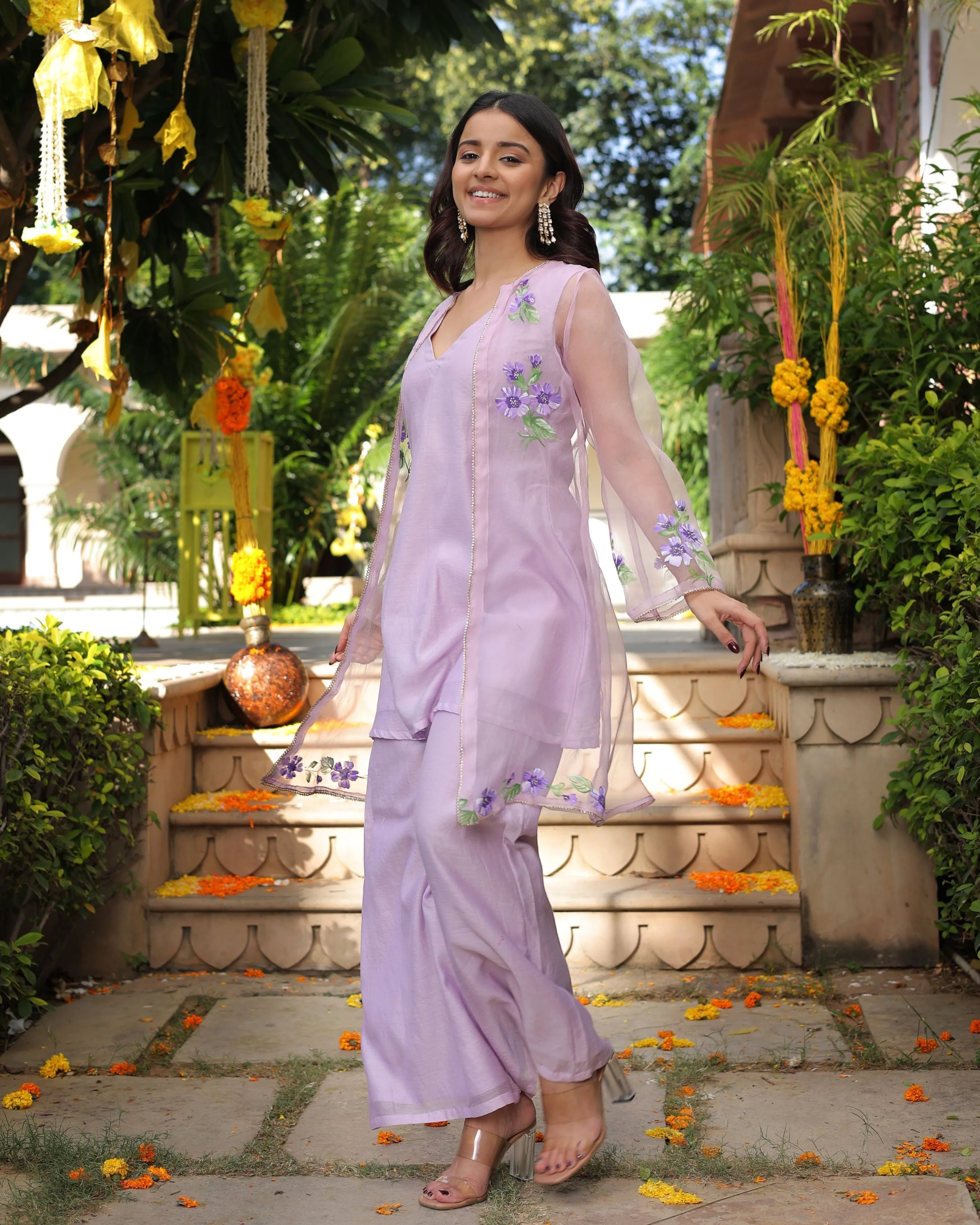 Lilac Daisy Delight Handpainted Chanderi Coord Set