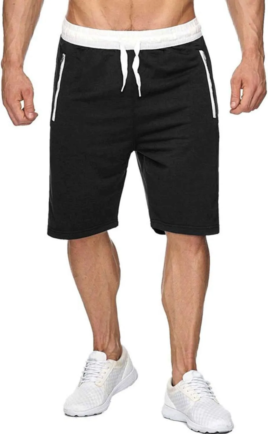 Mens Elastic Waist Drawstring Summer Workout Shorts with Zipper Pockets