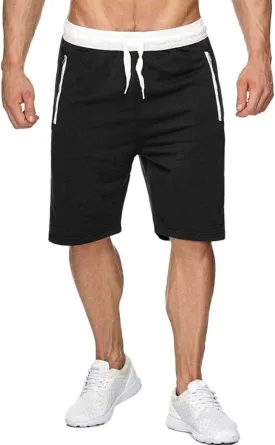 Mens Elastic Waist Drawstring Summer Workout Shorts with Zipper Pockets